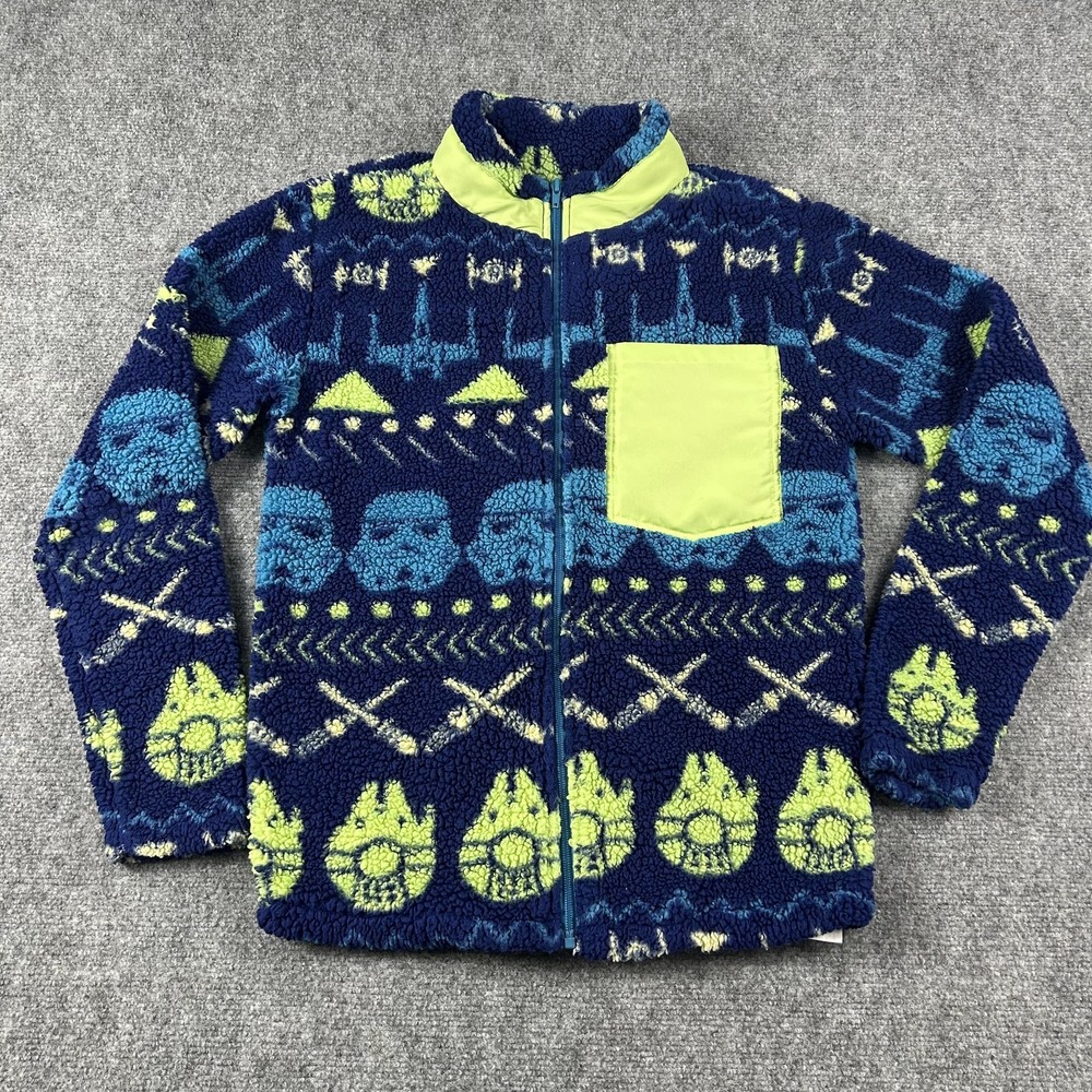 Disney Star Wars Jacket Womens M Blue Sherpa Fleece Full Zip Collared Fair Isle